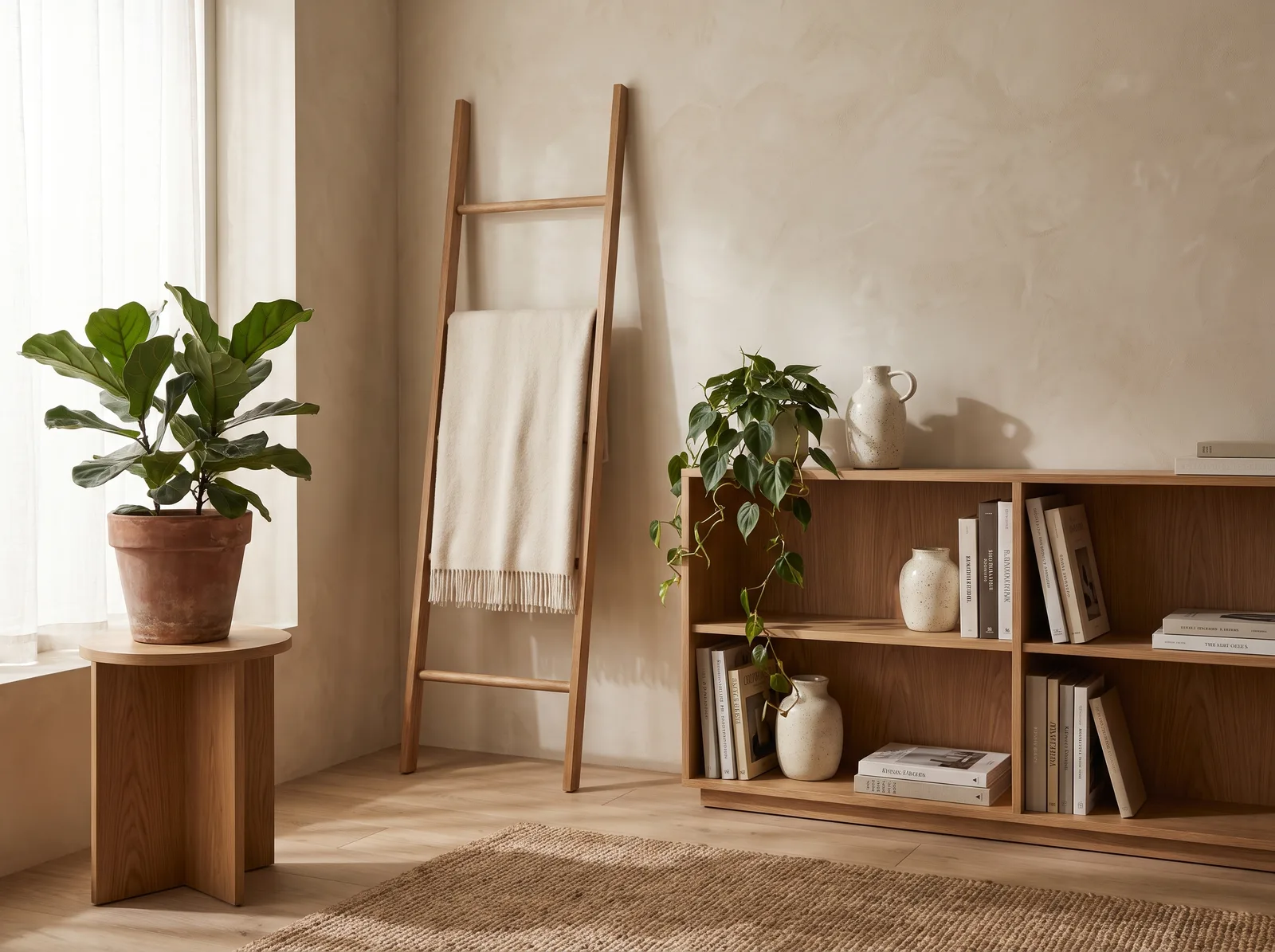 Living room corner with an oak bookshelf, blanket ladder, and plant stand