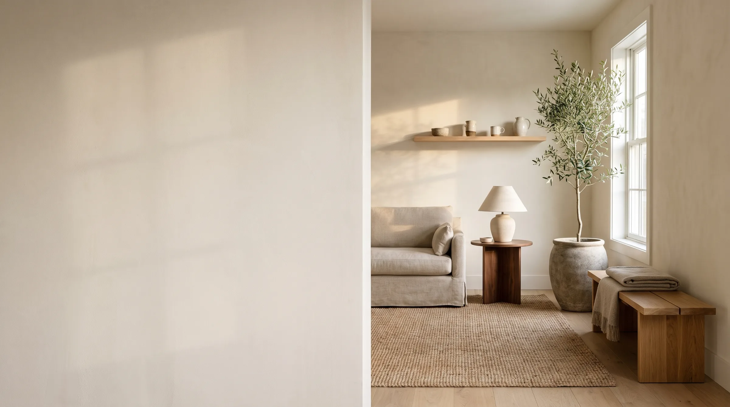 Warm living room with a walnut side table, oak floating shelf, linen sofa, and a solid oak bench in warm architectural light